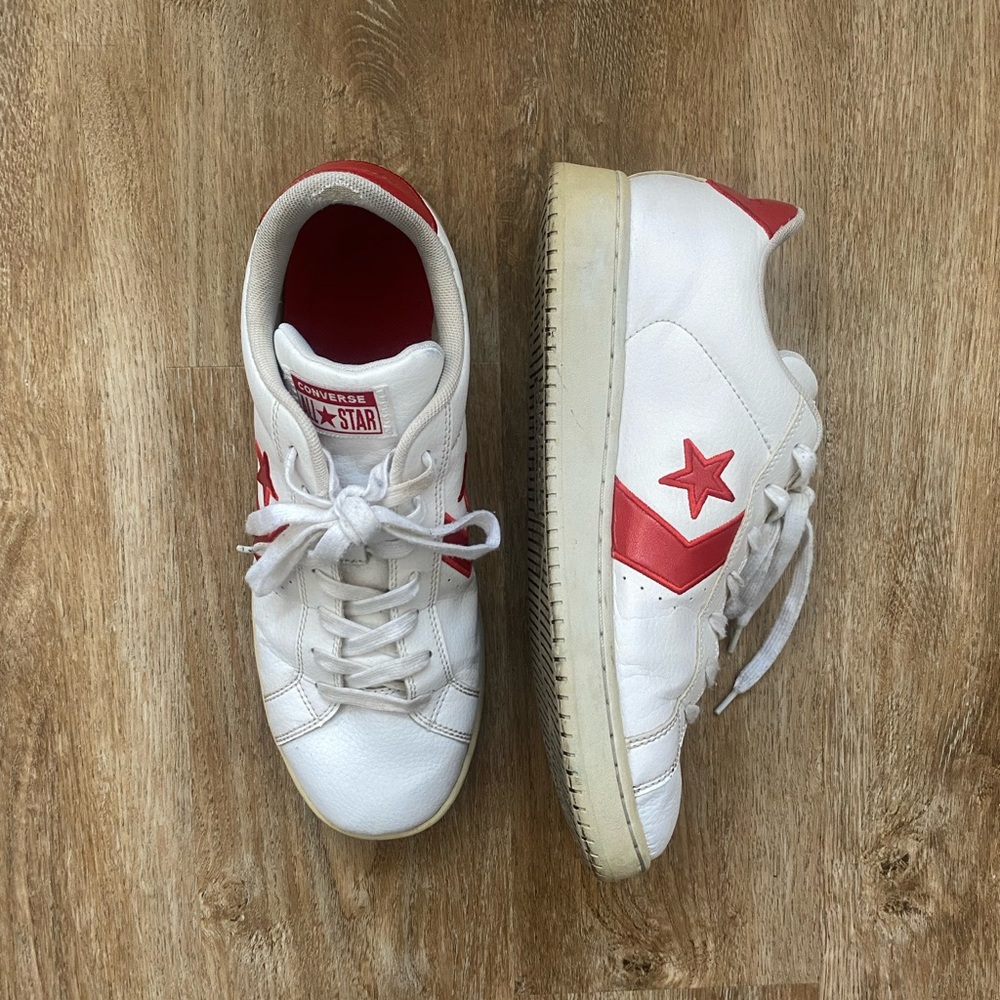 Converse pro leather, low top red and white sneakers. Men’s size 10.